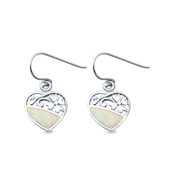 Heart & Flower Drop Dangle Earrings Lab Created White Opal 925 Sterling Silver (12mm)